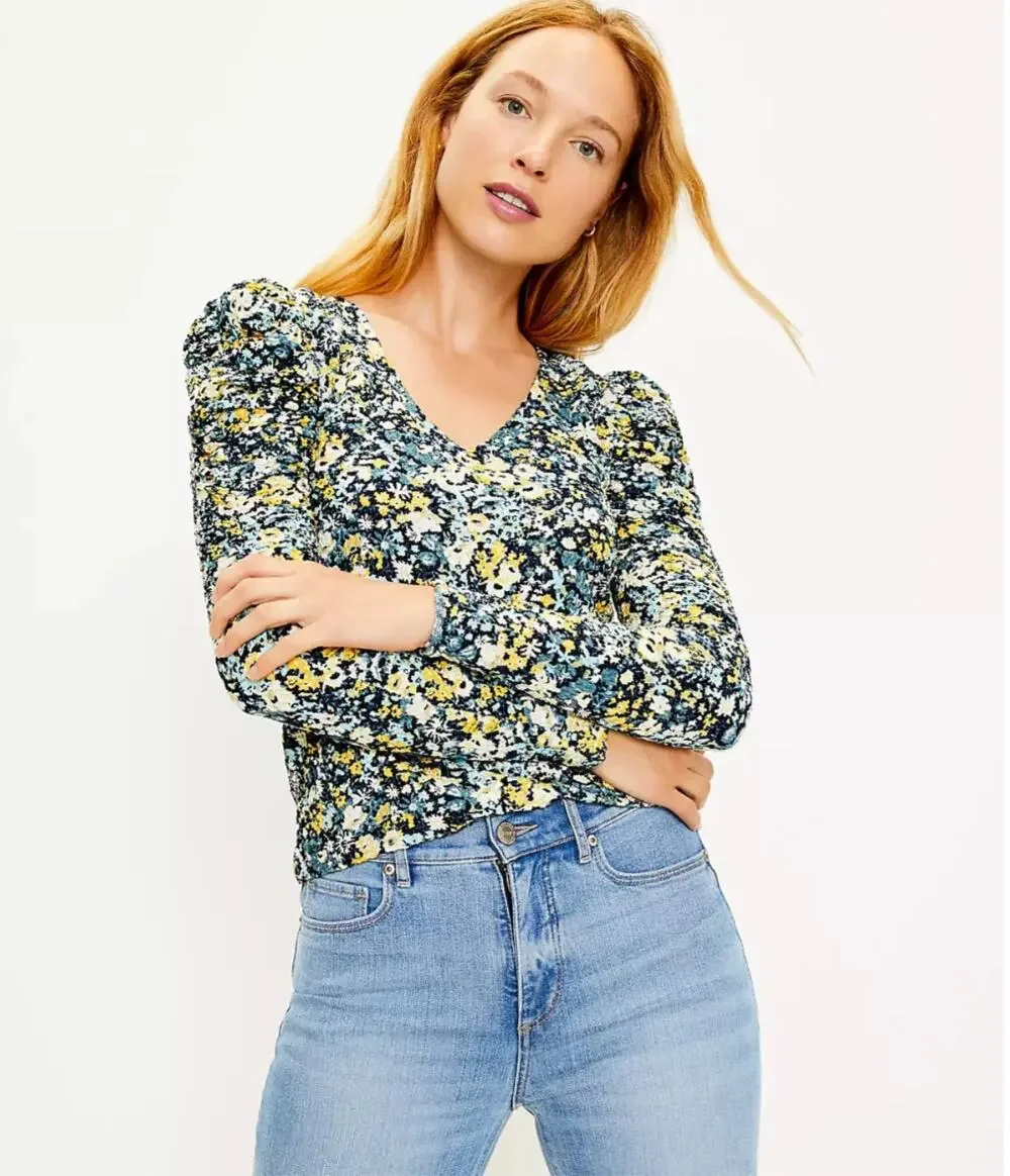 LOFT  Floral Shirred Puff Sleeve Long Sleeve Blouse Top // S